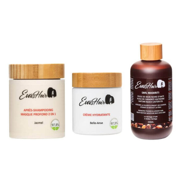 Pack des 3 produits best sellers evashair : après shampoing, crème hydratante - l'huile de ricin noire